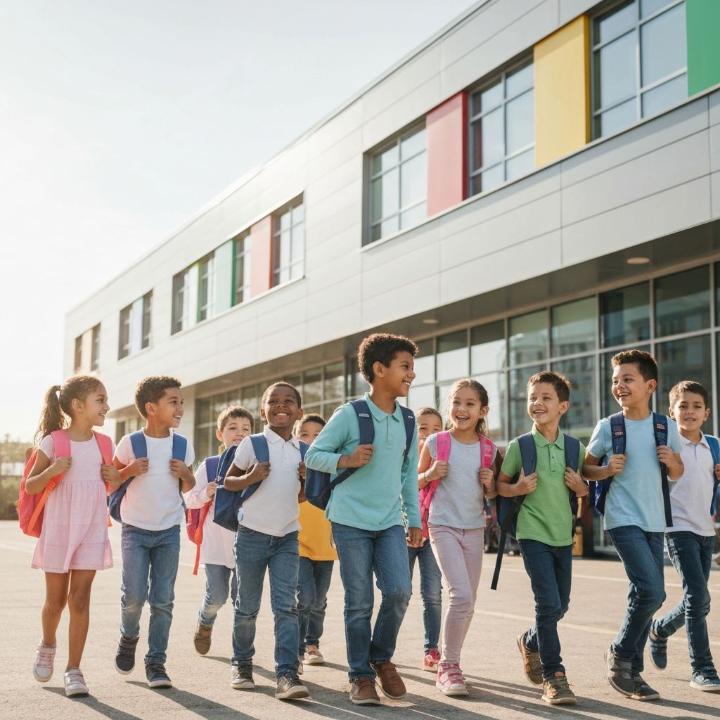 Children walking outside school with backpacks